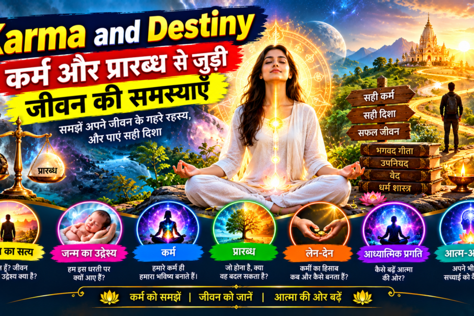 Karma and Destiny Problems — कर्म और प्रारब्ध से जुड़ी जीवन की समस्याएँ-जीवन का सत्य, कर्म और प्रारब्ध, आत्म-अन्वेषण तथा आध्यात्मिक प्रगति का प्रतीकात्मक चित्र