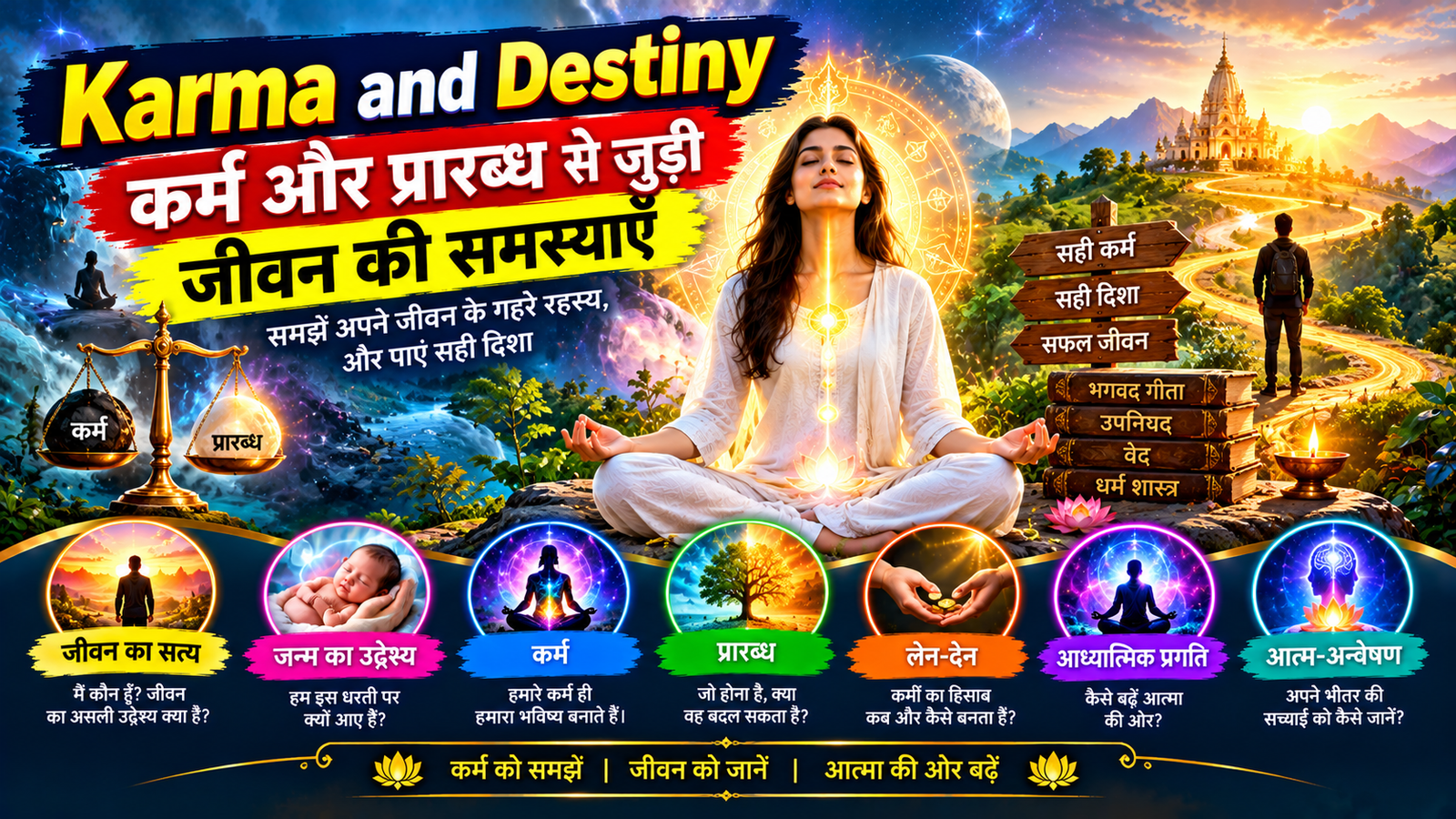 Karma and Destiny Problems — कर्म और प्रारब्ध से जुड़ी जीवन की समस्याएँ-जीवन का सत्य, कर्म और प्रारब्ध, आत्म-अन्वेषण तथा आध्यात्मिक प्रगति का प्रतीकात्मक चित्र