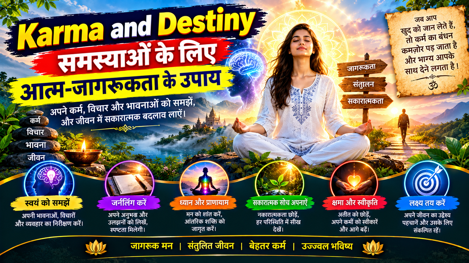 Karma and Destiny यानी कर्म और प्रारब्ध के आध्यात्मिक चिंतन को दर्शाती छवि।