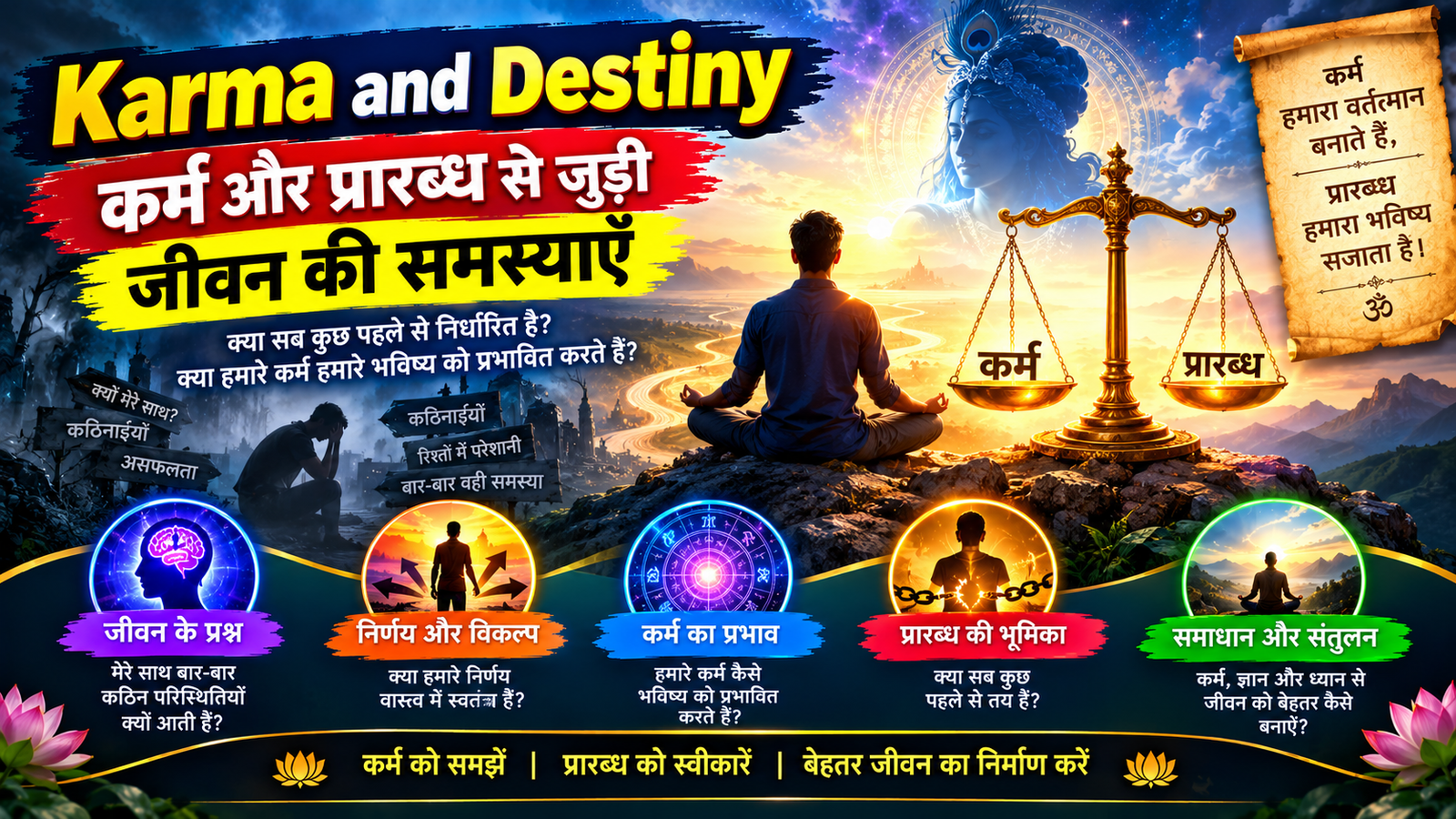 Karma and Destiny यानी कर्म और प्रारब्ध के आध्यात्मिक चिंतन को दर्शाती छवि।