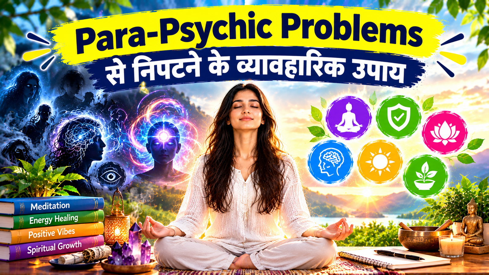 Para-Psychic Problems और मानसिक एवं भावनात्मक कल्याण पर ध्यान व आत्म-जागरूकता दर्शाती आध्यात्मिक छवि।