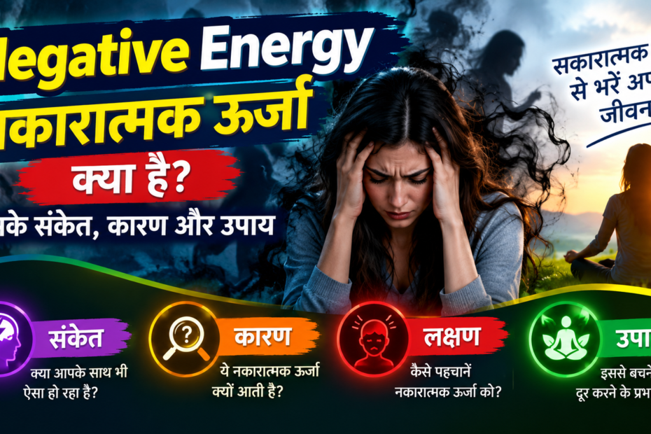 Negative Energy और मानसिक एवं भावनात्मक संतुलन को दर्शाती ध्यान-आधारित आध्यात्मिक छवि।
