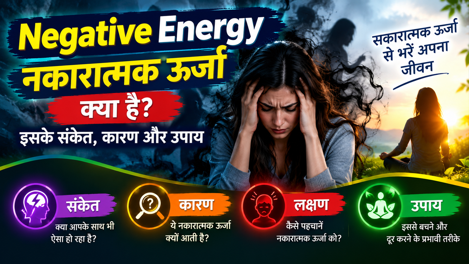 Negative Energy और मानसिक एवं भावनात्मक संतुलन को दर्शाती ध्यान-आधारित आध्यात्मिक छवि।