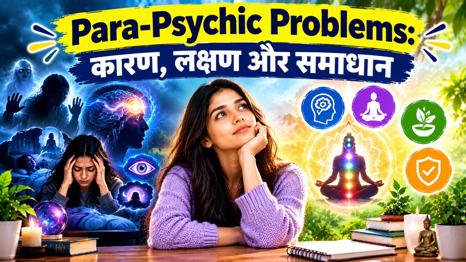 Para-Psychic Problems और मानसिक एवं भावनात्मक कल्याण पर ध्यान व आत्म-जागरूकता दर्शाती आध्यात्मिक छवि।